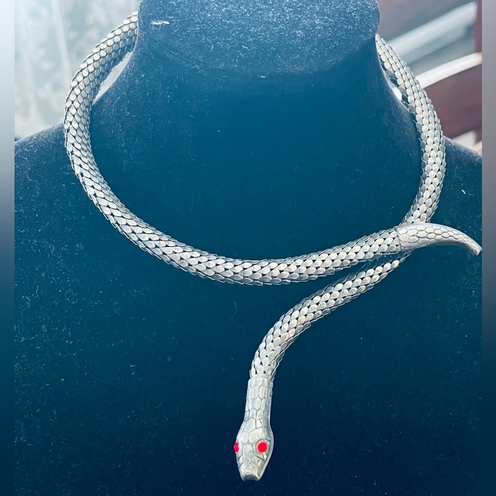 Vintage Set Silver Mesh Snake Necklace & Arm Bracelet Red Eyes Cleopatra Style